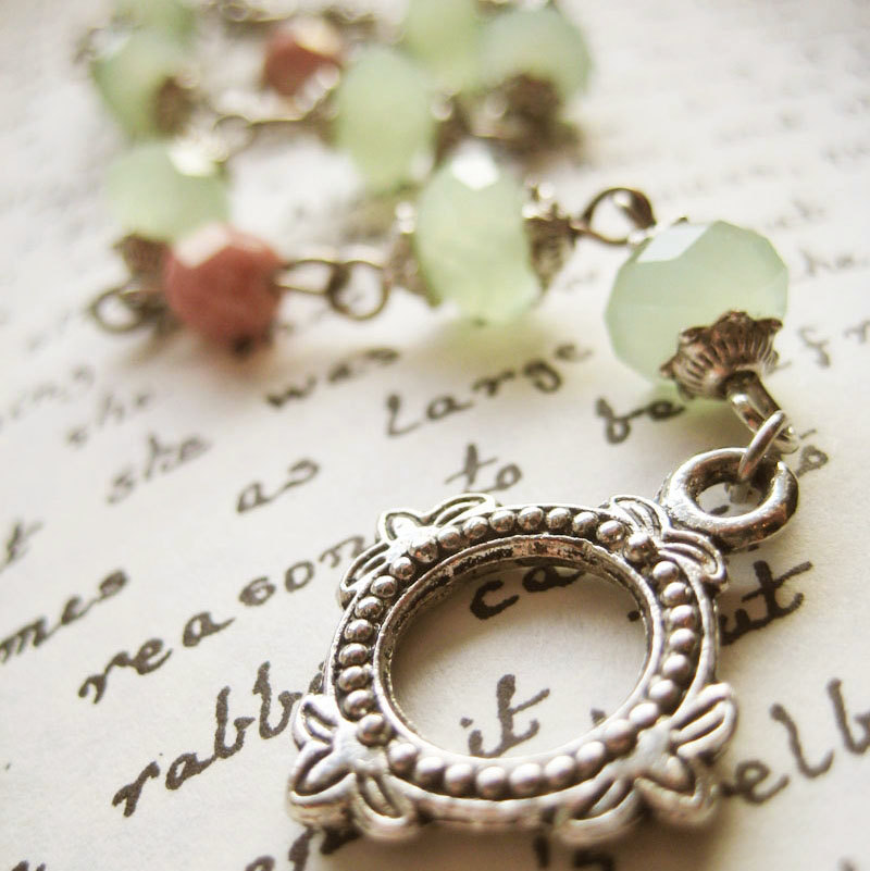 Bracelet of pastel green and pink Czech glass - Apple Blush