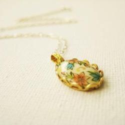 Sterling silver necklace with vintage glass floral cabochon - Scented Garden